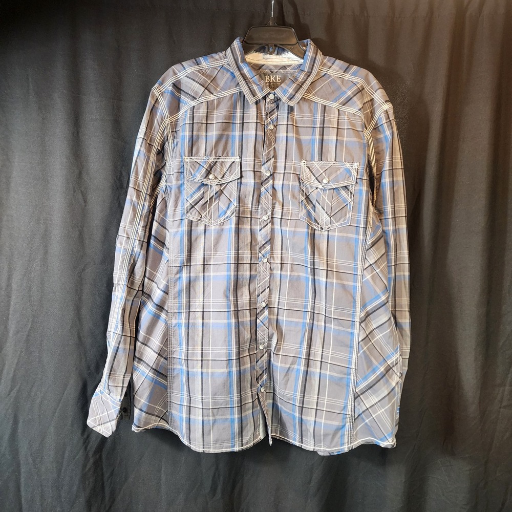 BKE Athletic Fit Plaid Long Sleeve Button Down Shirt Mens XL Grey Blue White
